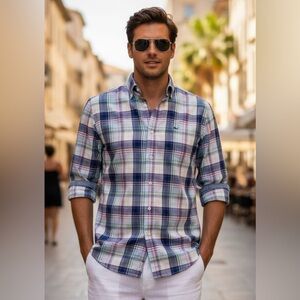 Vineyard Vines Classic Fit Whale Button Down Shirt Large Blue Plaid Long Sleeve